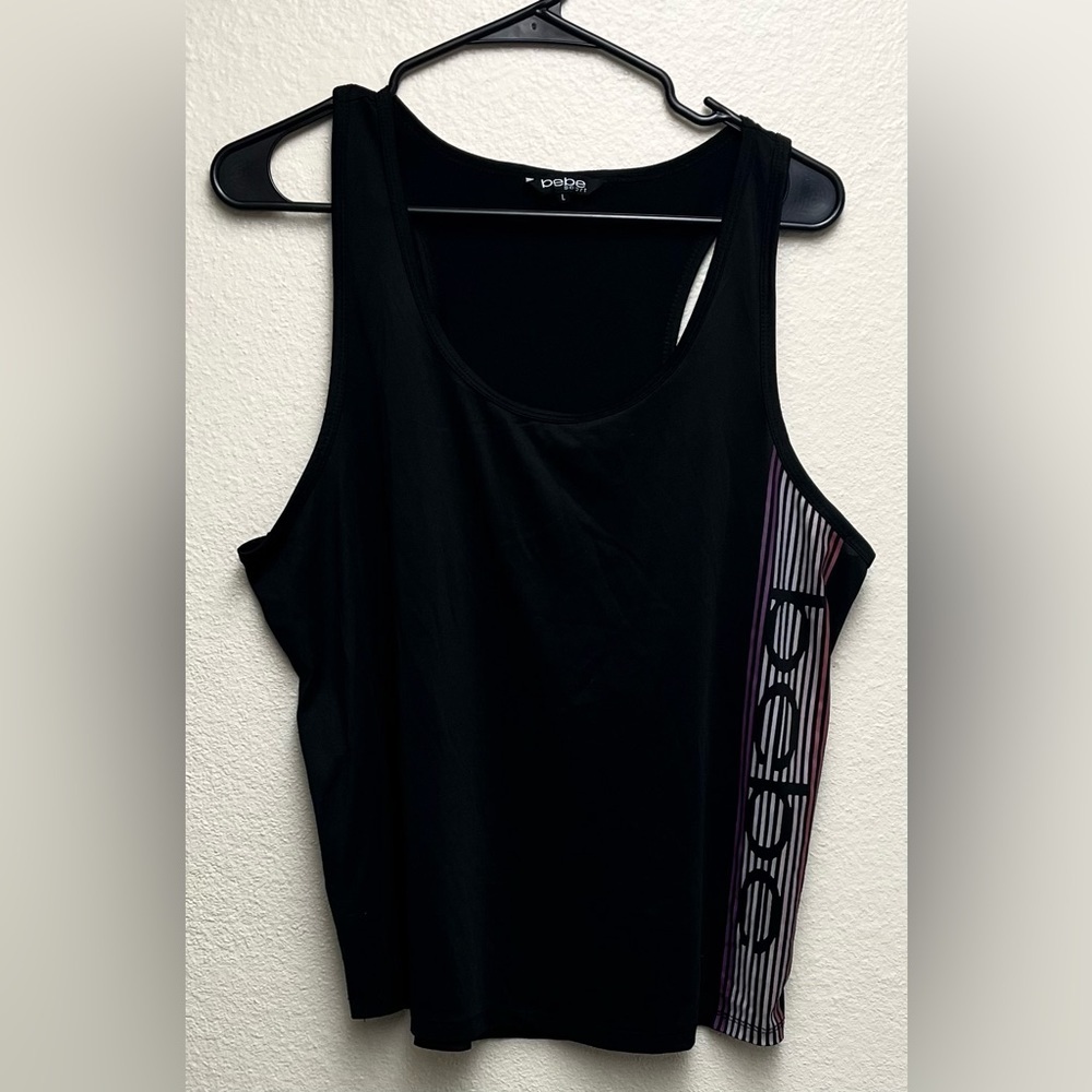 Bebe Sport Women Activewear Top Black Tank Logo Scoop Neck Pullover Size L EUC